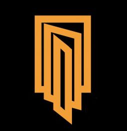 Logo naranja geométrico en fondo negro, con figuras alargadas que se entrelazan.