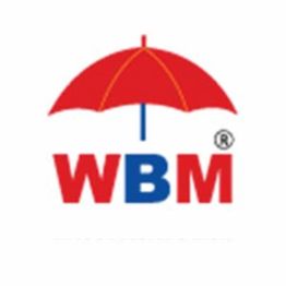 Red umbrella above "WBM" letters on white background.