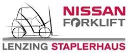 Strichzeichnung eines Gabelstaplers neben den Worten "Nissan Forklift" und "Lenzing Staplerhaus".