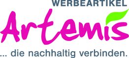 "Logo von Artemis Werbeartikel in pink mit grünem Blatt; Slogan: ... die nachhaltig verbinden."