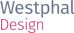 Textgrafik: "Westphal Design" in blauer und roter Schrift auf weißem Hintergrund.
