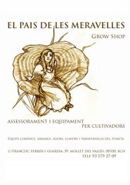 Ilustración de una mujer sobre una planta, texto promocional de un grow shop en español y catalán.