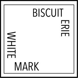 Texte en carré : "Biscuit", "Erie", "Mark", "White". Fond blanc.