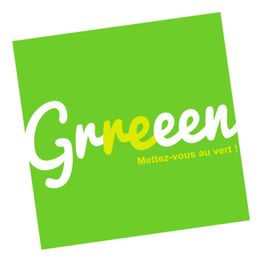 Logo vert avec texte "Greeen" et slogan "Mettez-vous au vert !" sur fond penché.