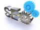 SEO letters with metallic gears, highlighting optimization mechanics and technology.