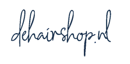 Handgeschreven logo: "dehairshop.nl" in blauwe letters op een witte achtergrond.