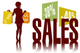 Silhouette einer Frau mit Einkaufstaschen, Schilder mit "-30%" und "-40%" Rabatten, "Sales"-Text.