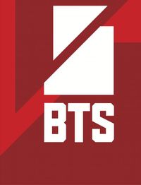 Rotes Hintergrundlogo mit weißem Text "BTS" und geometrischen Formen.