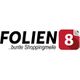 Logo mit Text "FOLIEN8" und Slogan "bunte Shoppingmeile", rotes Quadrat mit Zahl 8.