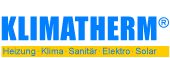 Blaues "KLIMATHERM"-Logo, darunter gelber Streifen mit Text: Heizung, Klima, Sanitär, Elektro, Solar.