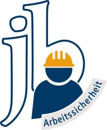 Logo mit den Buchstaben "jb", einem Helm und dem Wort "Arbeitssicherheit" in einem Bogen.
