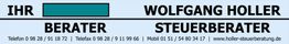 Werbung für Steuerberater Wolfgang Holler, Kontaktinfos unten, Webseite: holler-steuerberatung.de.