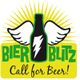 Fliegende Bierflasche mit Blitz, Text: "Bier Blitz, Call for Beer!".