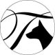 Schwarze Hundesilhouette und geschwungene Linien in einem Kreis auf weißem Hintergrund.