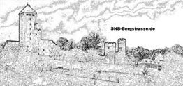 Schwarz-weiß-Skizze einer Burg mit Türmen und Bäumen, Website-URL: SNB-Bergstrasse.de