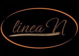 Schwarzer Hintergrund mit orangefarbenem ovalen Rahmen, Text: "linea N" in geschwungener Schrift.