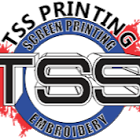 Logo for TSS Printing with text "Screen Printing Embroidery" and red, blue, white colors.