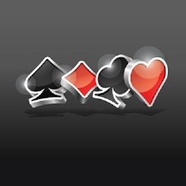 Playing card suits: spade, diamond, club, heart; glossy 3D style on dark background.