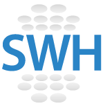SWH-Logo mit blauen Buchstaben und grauen Ellipsen in einem vertikalen Muster.