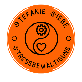 Oranges Logo mit Yin-Yang-Motiv, Zahnrad und Herz, Text: "Stefanie Siebe, Stressbewältigung".