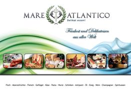 Logo von Mare Atlantico mit Bildern von Fisch, Fleisch, Käse und Spirituosen. Text: "Delikat essen!".