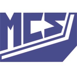Blaues Logo mit weißem "MCS" und geometrischen Formen auf dunklem Hintergrund.