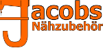 Logo mit Text "Jacobs Nähzubehör", stilisiertes "J" als Nähmaschine, orange und schwarz.