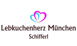 Logo mit zwei Herzen und Text: "Lebkuchenherz München Schifferl".