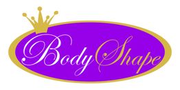 Lila ovale Grafik mit goldener Krone, Schriftzug "Body Shape" in geschwungenem Weiß.