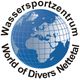 Karte der Weltkugel mit Schriftzug: "Wassersportzentrum World of Divers Nettetal".