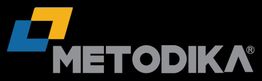Logotipo de Metodika, con formas geométricas azul y amarilla sobre fondo negro.