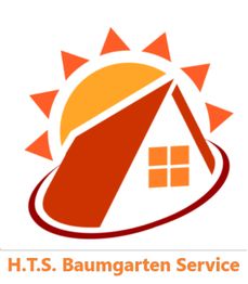 Haus mit Sonne und Schriftzug "H.T.S. Baumgarten Service" in Orange.