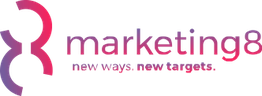 Logo von Marketing8 in Pink und Lila mit dem Slogan: "new ways. new targets."