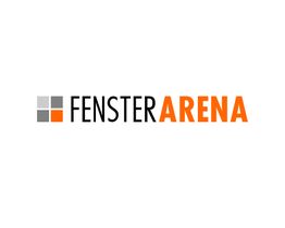 Logo mit Schriftzug "FensterArena" in Schwarz und Orange, daneben graue und orange Quadrate.