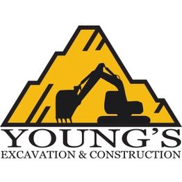 Yellow excavator logo for Young's Excavation & Construction with a mountain silhouette.