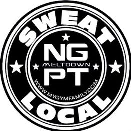 Circular logo with "Sweat Local NG PT Meltdown" and stars. Website: mygymfamily.com.
