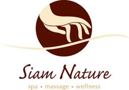Logo von Siam Nature mit einer Hand und den Worten "spa", "massage", "wellness" darunter.