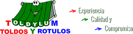 Logotipo de Toldylum con un toldo sonriente y texto "Experiencia, Calidad y Compromiso".