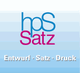 Logo mit Text "hpS Satz" in Blau und Pink, darunter "Entwurf · Satz · Druck" auf blauem Hintergrund.