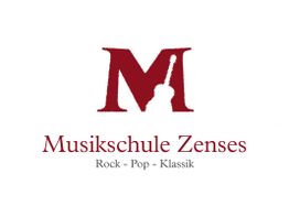Logo der Musikschule Zenses mit stilisiertem Instrument und Text: Rock - Pop - Klassik.