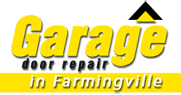 Yellow text logo: "Garage door repair in Farmingville."
