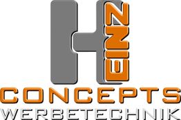 Logo mit Text: "Henz Concepts Werbetechnik" in Grau und Orange.