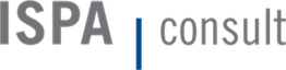 Logo mit Text: "ISPA consult" und einem blauen vertikalen Strich dazwischen auf grauem Hintergrund.