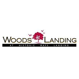 Logo of Woods Landing with a red tree silhouette and birds, text: "At Historic Mays Landing".