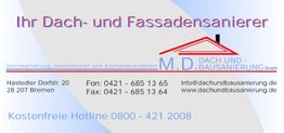 Geschäftskarte einer Dach- und Fassadensanierungsfirma mit Kontaktdaten und Website.