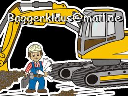 Ein Bauarbeiter mit Helm vor einem gelben Bagger, oben eine E-Mail-Adresse.