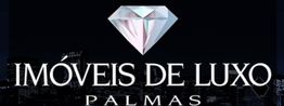 Texto "Imóveis de Luxo Palmas" com diamante, fundo de cidade à noite.
