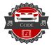 Auto-Symbol auf rotem Kreis mit Musiknoten, Sternen und dem Wort "CODE" in der Mitte.