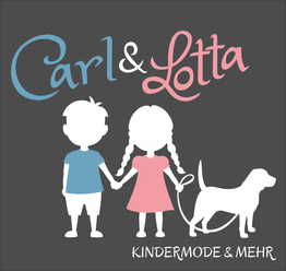 Kinderlogo: Ein Junge, ein Mädchen und ein Hund, mit Text "Carl & Lotta, Kindermode & Mehr".
