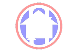 A purple house inside a red circle, surrounded by arrows creating a recycling symbol.